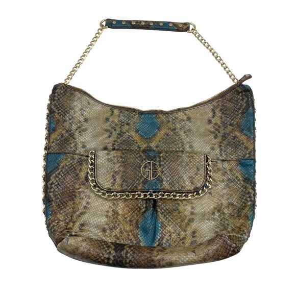 Gianni Bini Faux Snake Print Chain Slouch Bag With Front Pocket & Zipper Closure - Picture 1 of 4